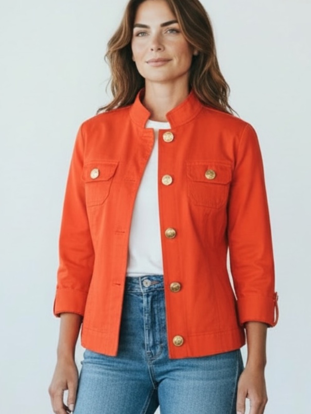 Jones New York Military Style Tomato‎ Red Cotton Jacket Petite Med